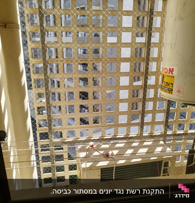 רשת מתכת על חלון למניעת כניסת יונים
